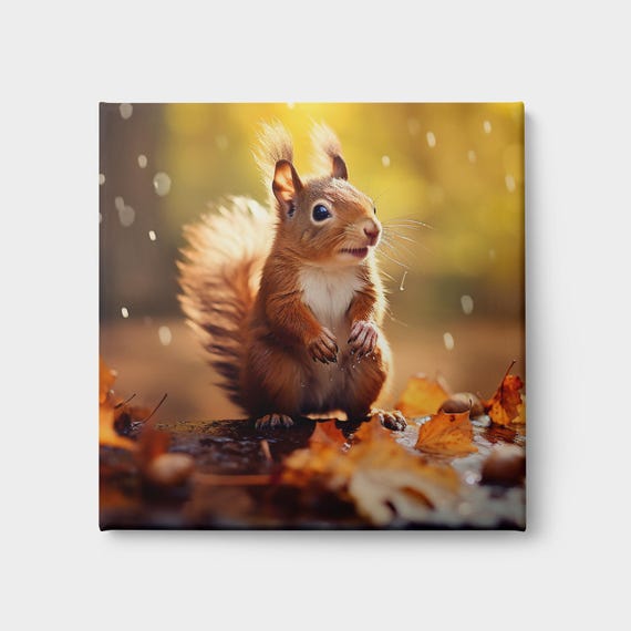A Squirrel Under Rain Wild Life Print Autumn Forest Wall Art Cute Animal Photography For Home Decor Nature Lovers