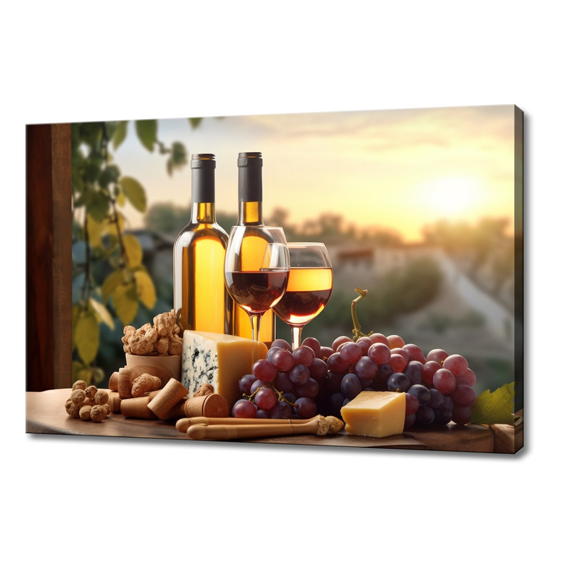 Golden White Wine Sunset Vineyard Grapes Cheese Still Life Poster