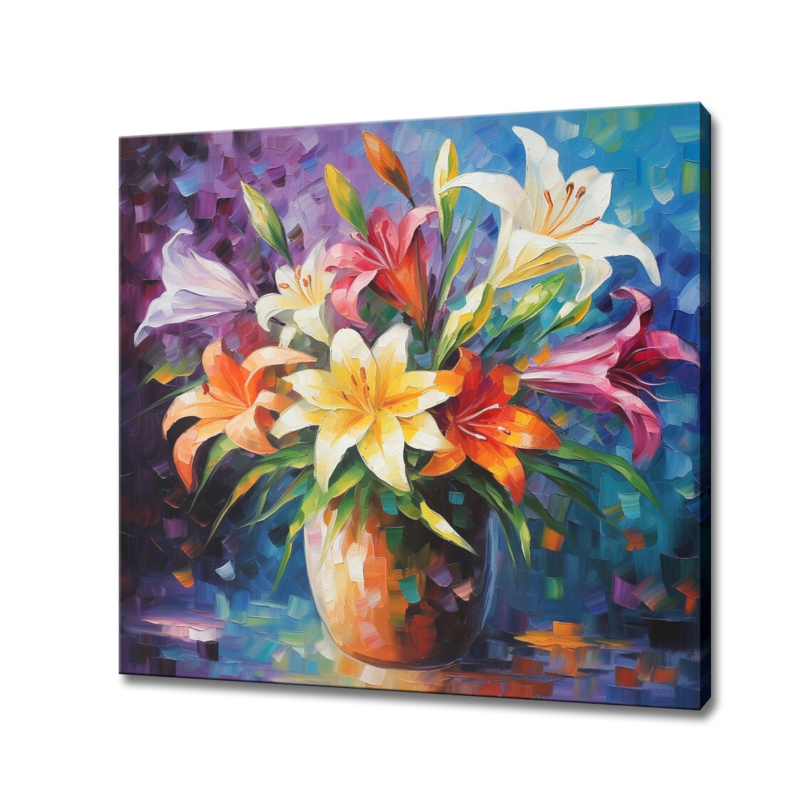 Rainbow Lilies Bouquet Vase Impasto Oil Painting Floral Poster