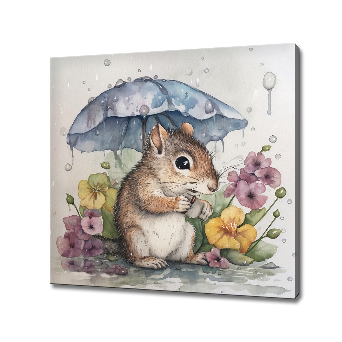 Baby Squirrel Umbrella Rain Watercolor Flowers Cute Nursery Wall Art Poster