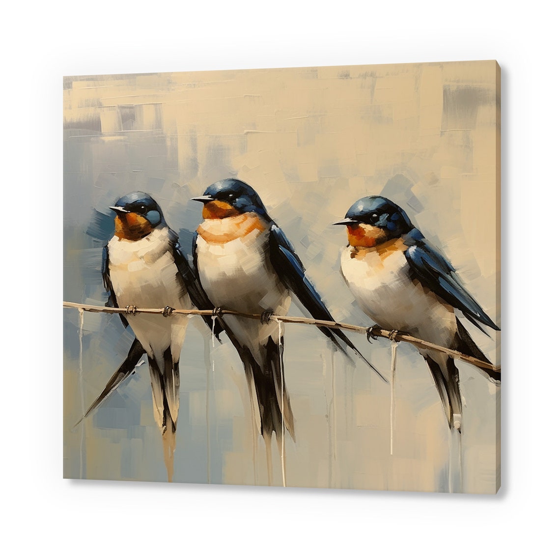 Three Barn Swallows On Wire Rust And Blue Oil Painting Bird Poster