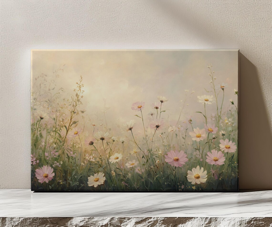 Pastel Pink White Daisy Flowers Meadow Field Vintage Painting Print Countryside Print Living Room Wall Art Farmhouse Decor Art