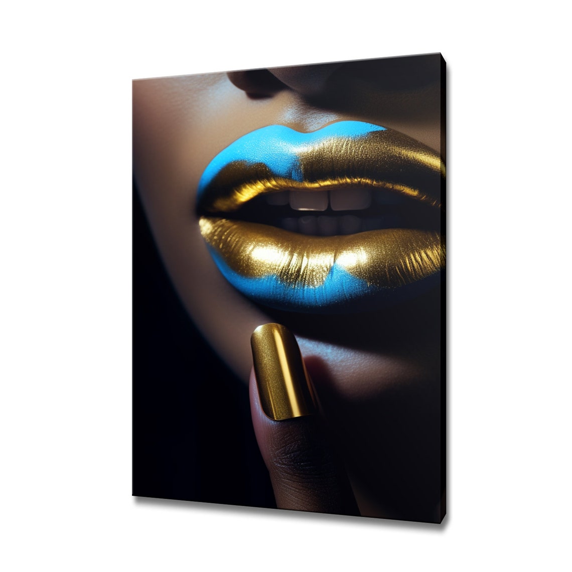 Golden Blue Metallic Lips Glamorous Beauty Fashion Art Poster