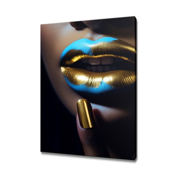 Elegant Shiny Golden Blue Lips Nails Print Gift For Her Modern Fashion Wall Art Print Bedroom Wall Decor I Sensual Wall Art
