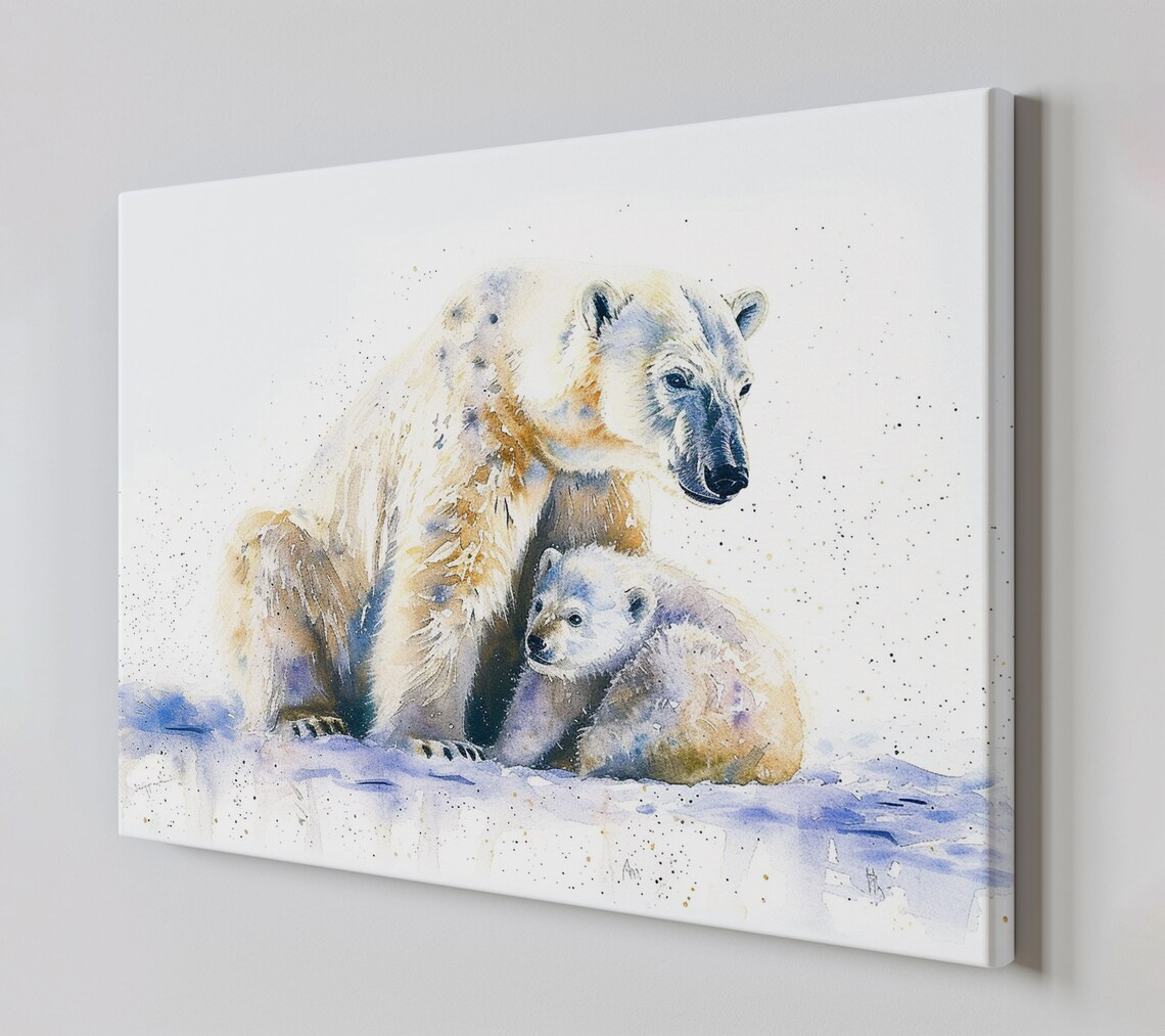 Polar Bear Mother Baby Cub Cuddling Watercolor Blue Arctic Family Art Poster