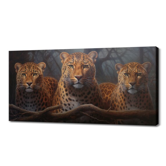 Three Leopards Staring At Viewer Dark Forest Big Cat Wildlife Wall Art Print