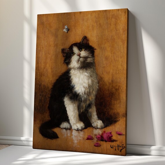 Black White Kitten Watching Butterfly Signed Leon Huber Classic Cat Painting Art