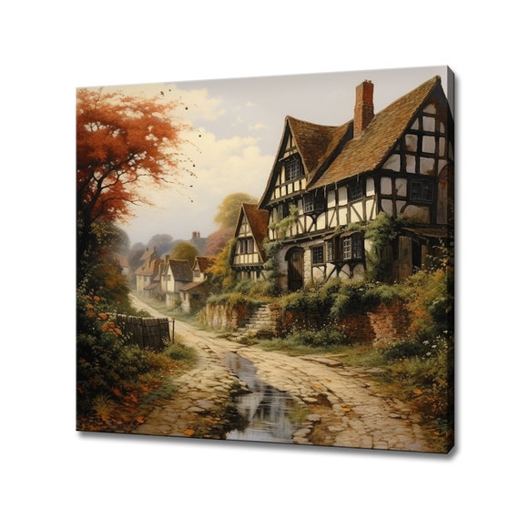 English Country Village Art Print England Countryside Wall Hanging Picture Colourful Print Landscape Farmhouse Decor
