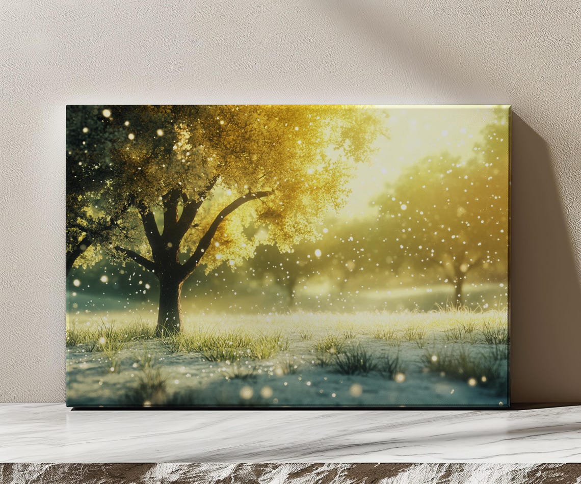 Golden Tree Winter Sunrise Sparkling Snowfield Light Painting Print
