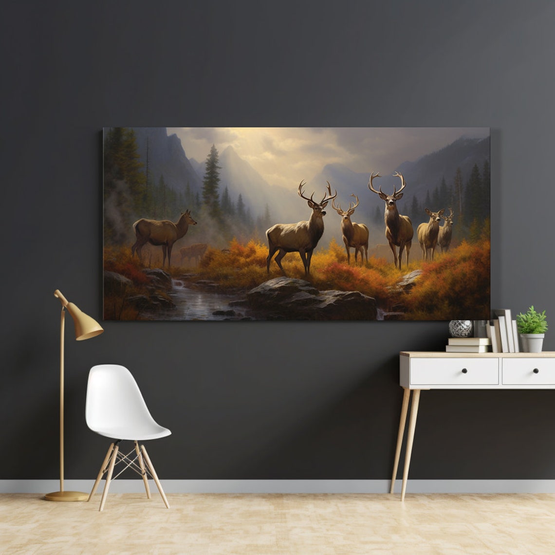 Deer Stag Herd by Mountain River Golden Light Wildlife Poster - Image 3