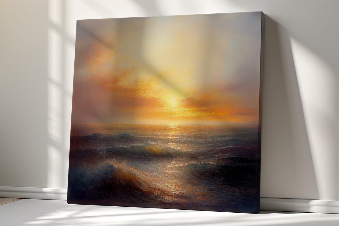 Sunset Over Ocean Waves Vintage Seascape Oil Painting Poster - Image 3