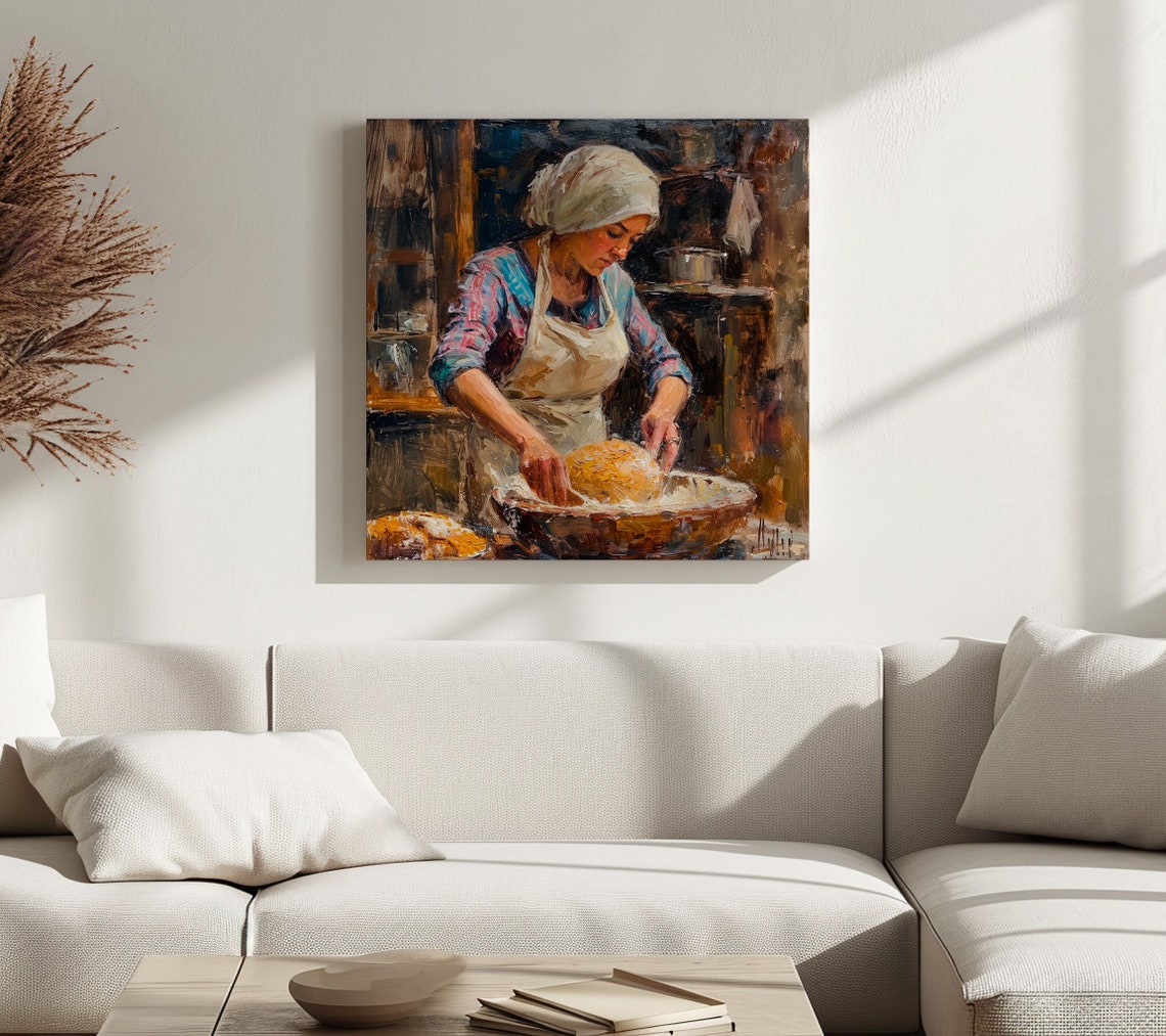 Woman Baking Bread Rustic Kitchen Vintage Oil Painting Art Poster - Image 3