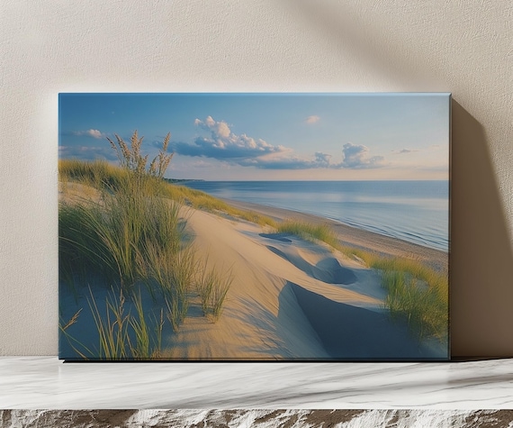 Sand Dunes Dusk Beach Grass Calm Sea Pastel Sky Vintage Coastal Scene Poster
