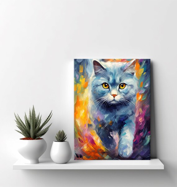 Blue Gray Cat Colorful Impressionist Oil Painting Feline Portrait Art Print