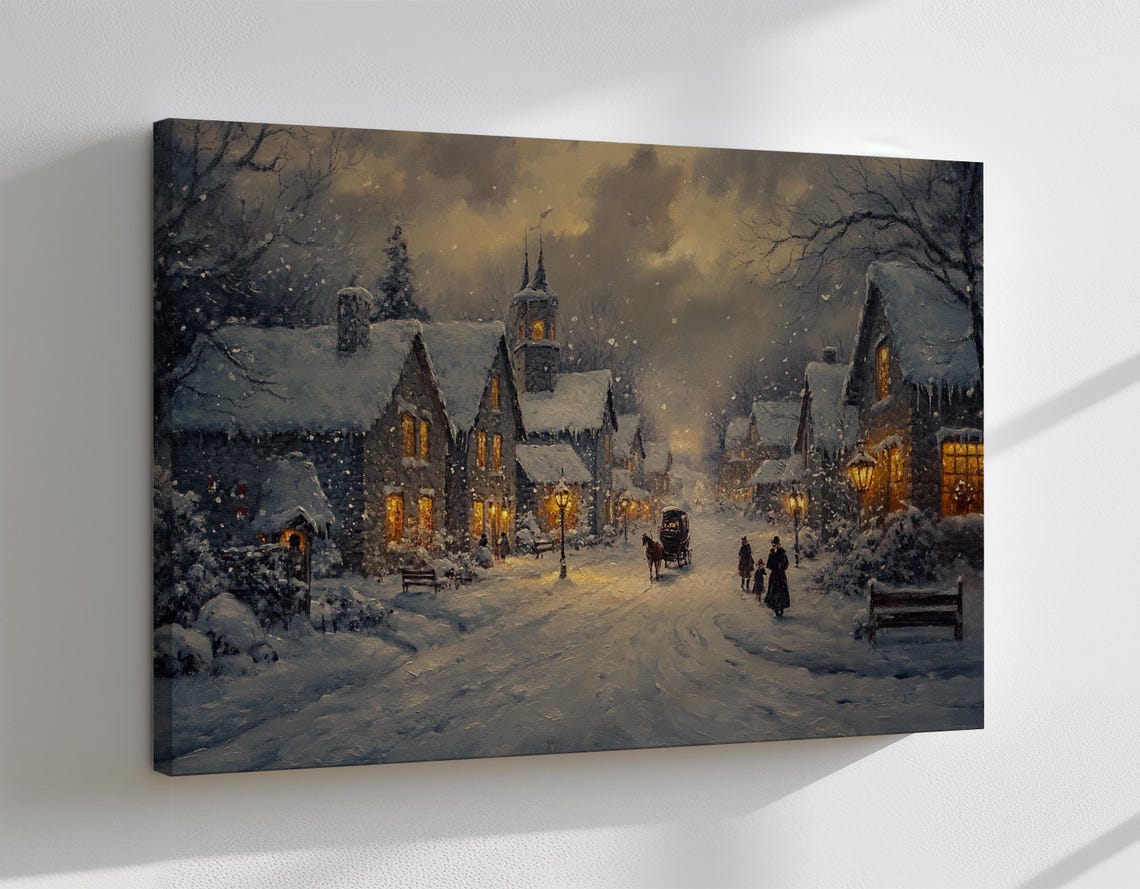 Road Through Magical Christmas Village Houses Vintage Painting Print Countryside Print Living Room Wall Art Farmhouse Decor Art - Image 4
