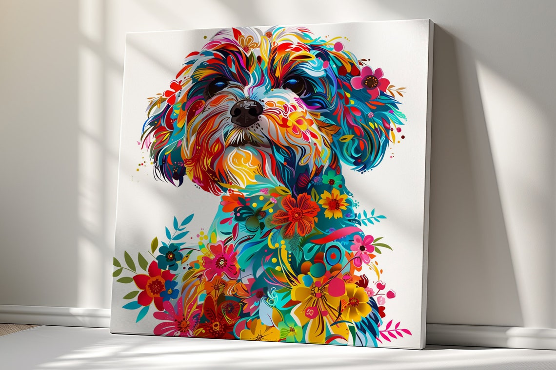 Colourful Shih Tzu Puppy Surrounded by Flowers Pop Art Poster