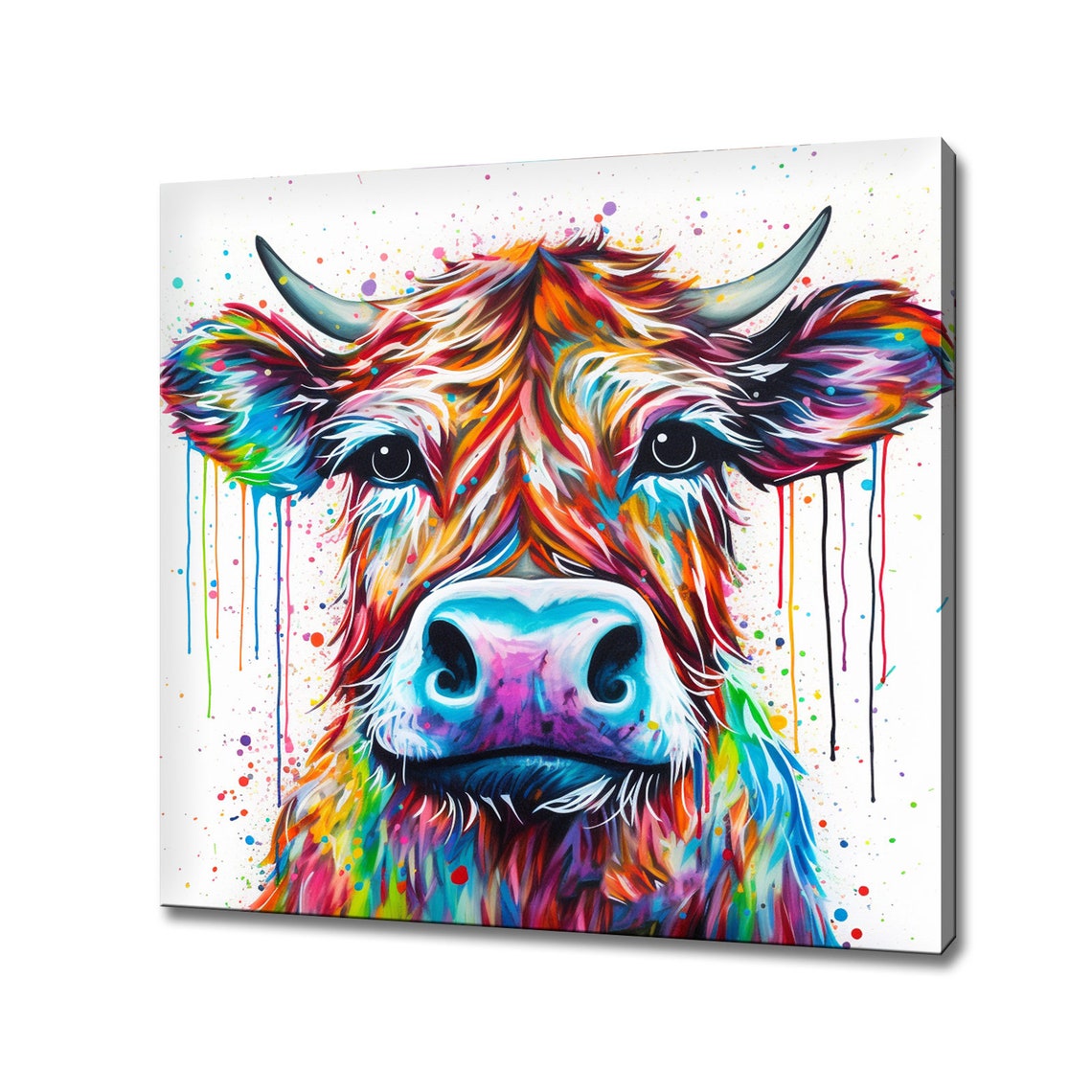 Rainbow Highland Cow Close Up Paint Drip Vibrant Farm Wall Art Poster