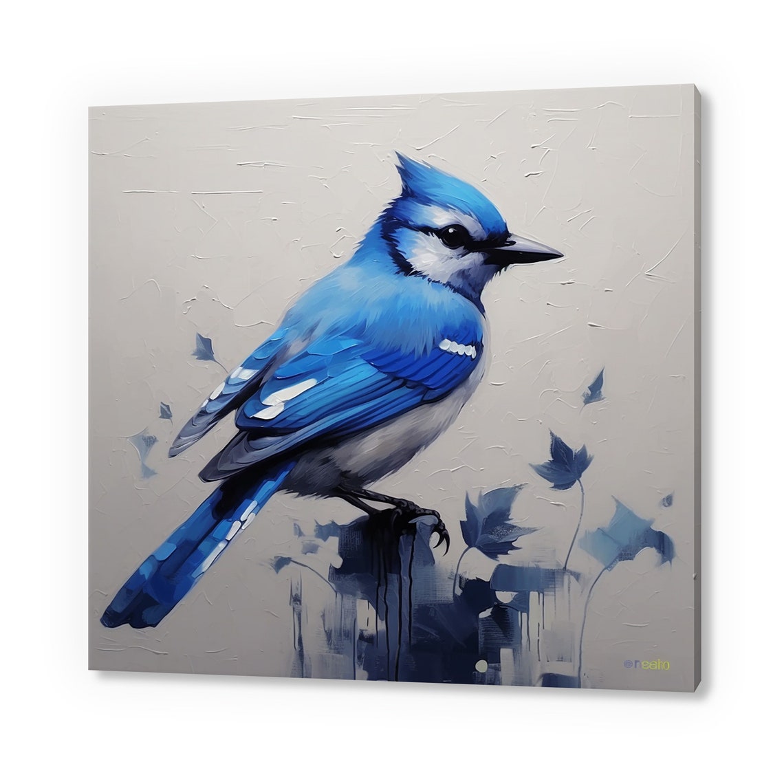 Blue Jay Portrait On Post Blue Leaves Textured Gray Bird Art Poster