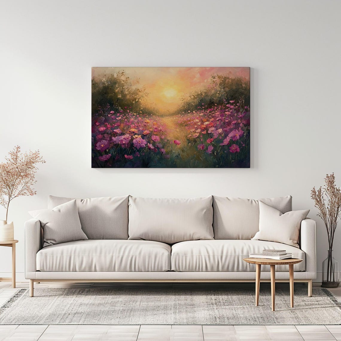 Pink Flowers Dreamy Meadow Field Sunset Vintage Painting Print Countryside Print Living Room Wall Art Farmhouse Decor Art - Image 3