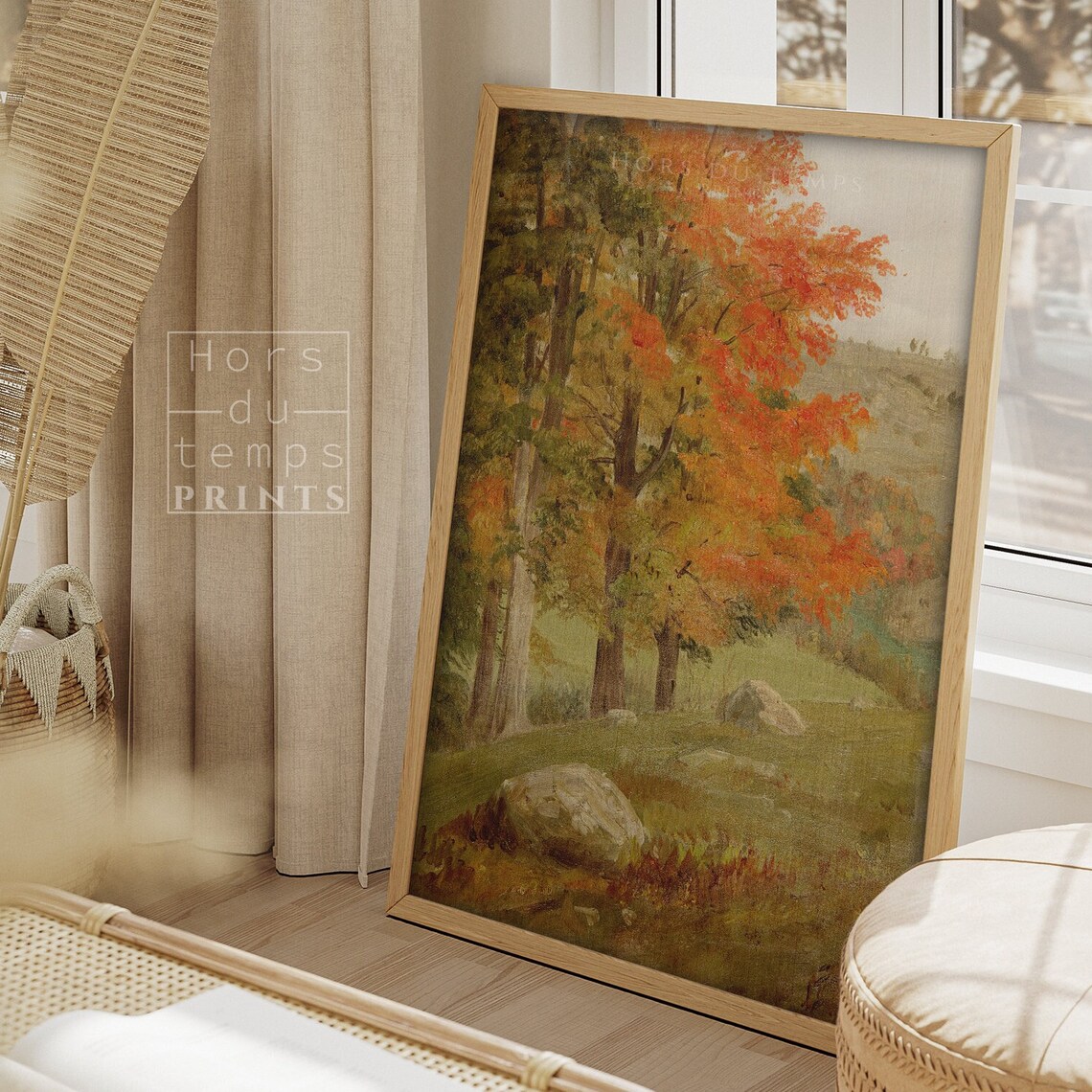 Warm Tonal Autumn Trees Green Meadow Antique Landscape Poster - Image 2