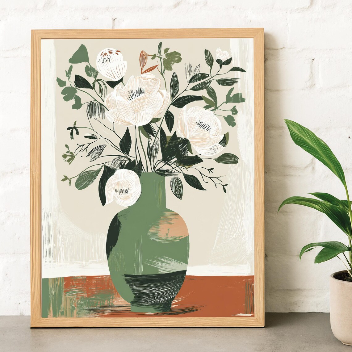 Peony Vase, Gouache Botanical Rustic Farmhouse Poster