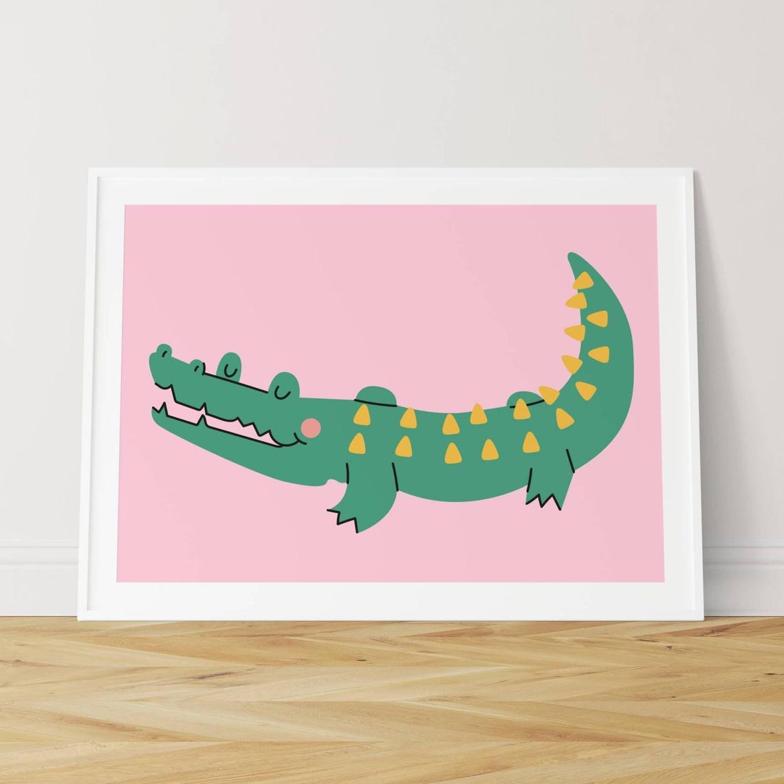 Smiling Cute Crocodile Cartoon Pink Background Kids Room Poster