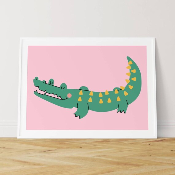 Smiling Cute Crocodile Cartoon Pink Background Kids Room Poster