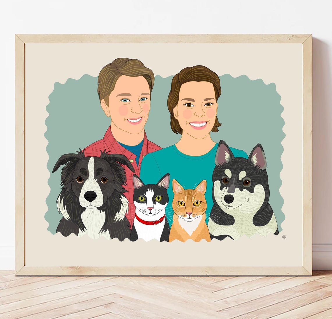 Couple With Four Dogs and Two Parrots Custom Family Portrait Poster - Image 5