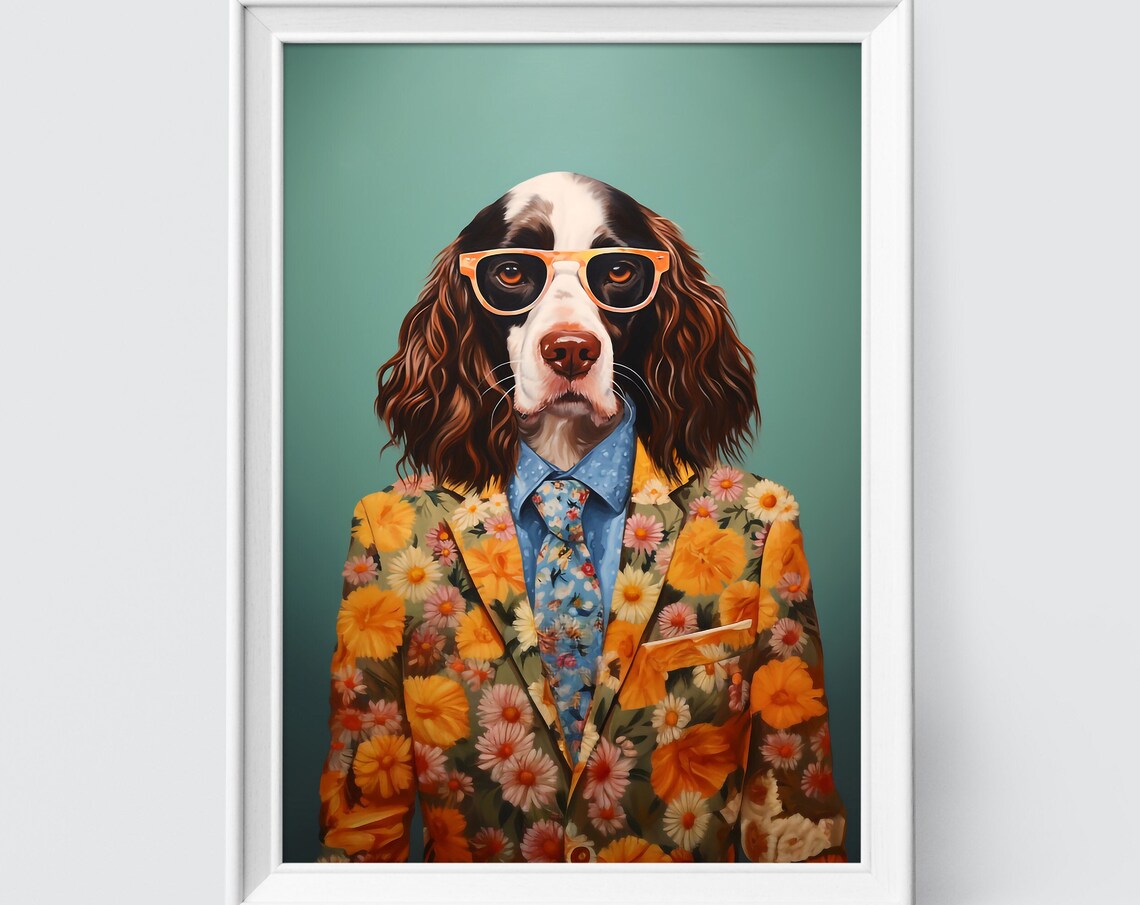 Springer Spaniel in Amber Glasses and Yellow Floral Blazer Poster