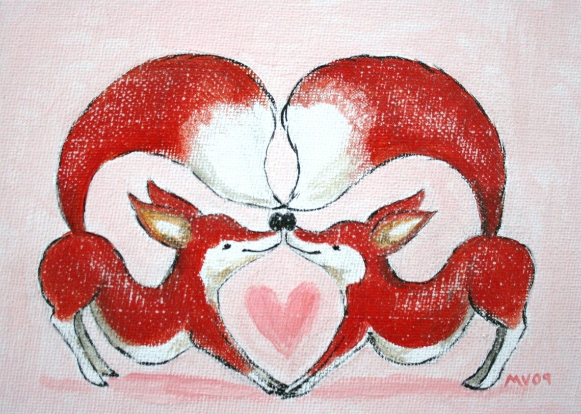 Red Fox Couple Tails Forming Heart Shape Romantic Animal Art Poster