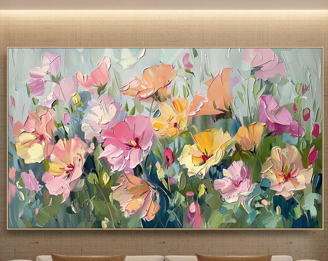 Pastel Poppy Flowers In Pink Orange And Yellow Oil Art Poster