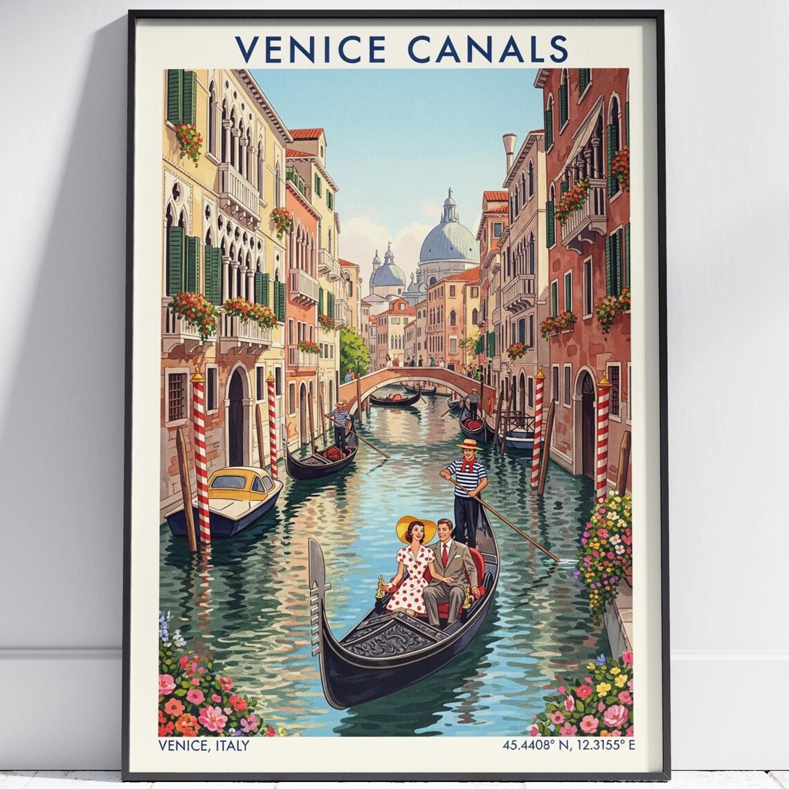 Venice Canals Italy Gondola Couple Ride Vintage Travel Poster
