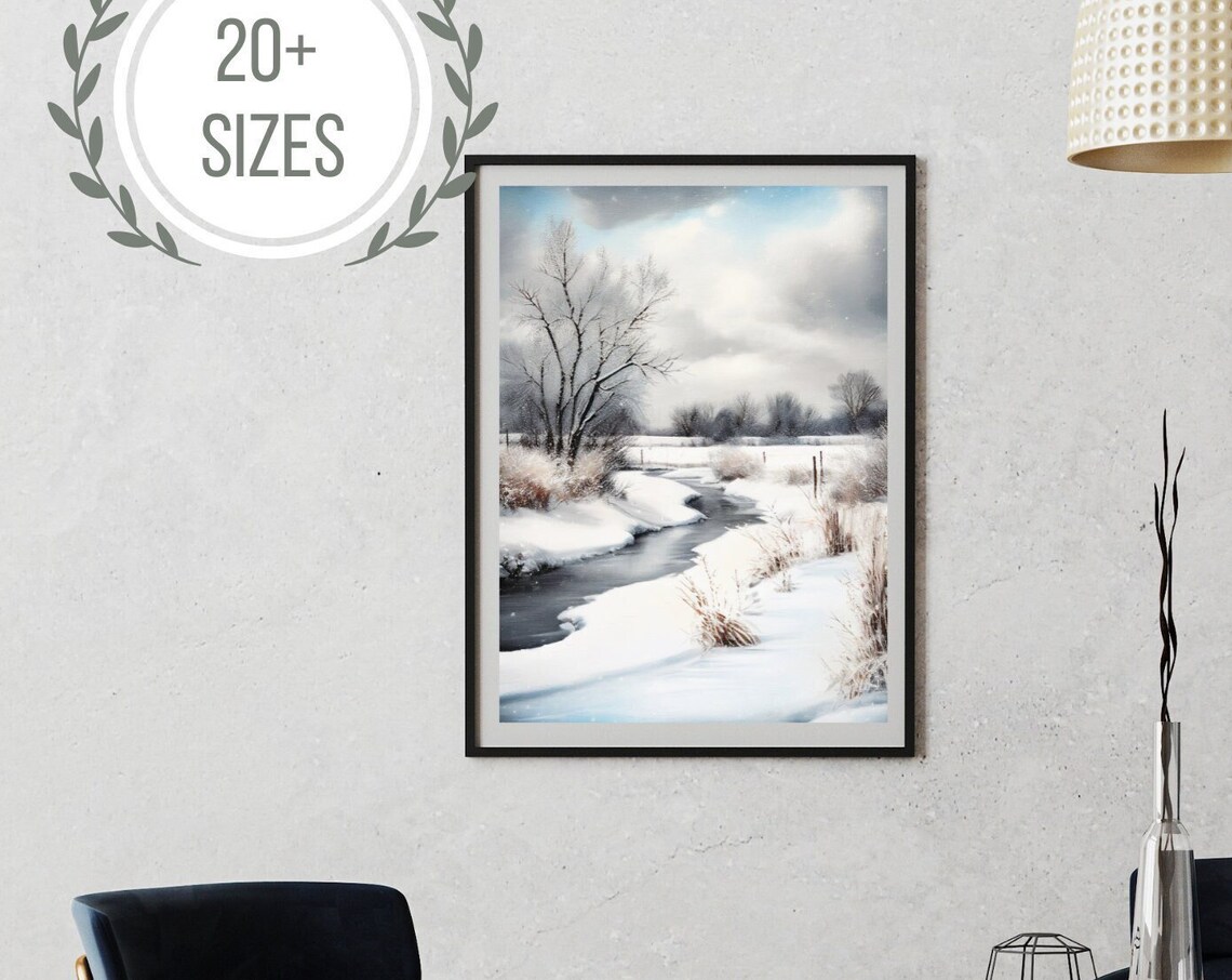 Snowy Winter Creek Winding Stream Snowfield Watercolor Art Poster - Image 4