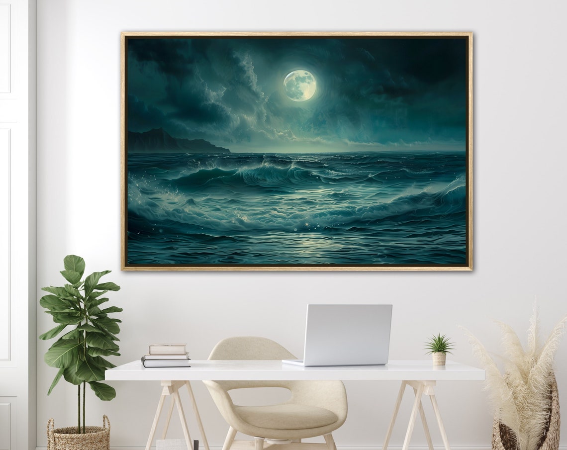 Emerald Moonlit Ocean Night Waves Full Moon Deep Teal Sea Poster