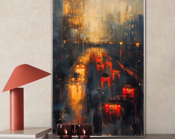 Rainy Twilight City Atmospheric Abstract Cityscape Print Modern Impressionism Urban Landscape Moody Night City For Home Decore