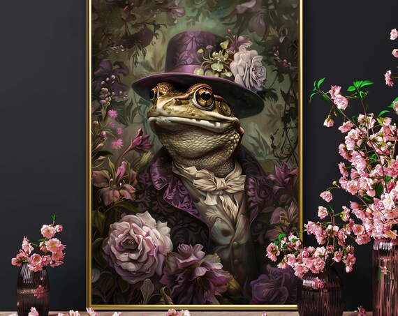 Regal Victorian Frog Top Hat Floral Whimsical Animal Portrait Art Poster