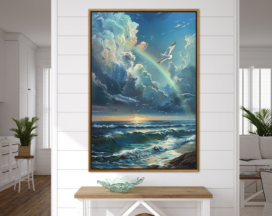 Seagull Rainbow Stormy Ocean Dramatic Clouds Coastal Sunrise Poster