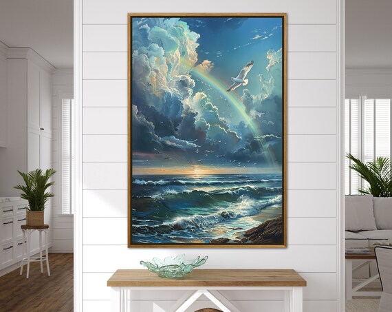 Calming Seagull And Rainbow Seascape Modern Coastal Art Ocean Waves Painting Print Nautical Poster For Beach House Decor