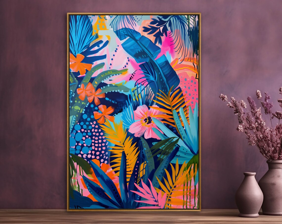 Vivid Tropical Garden Neon Palm Leaves Flowers Colorful Art Print