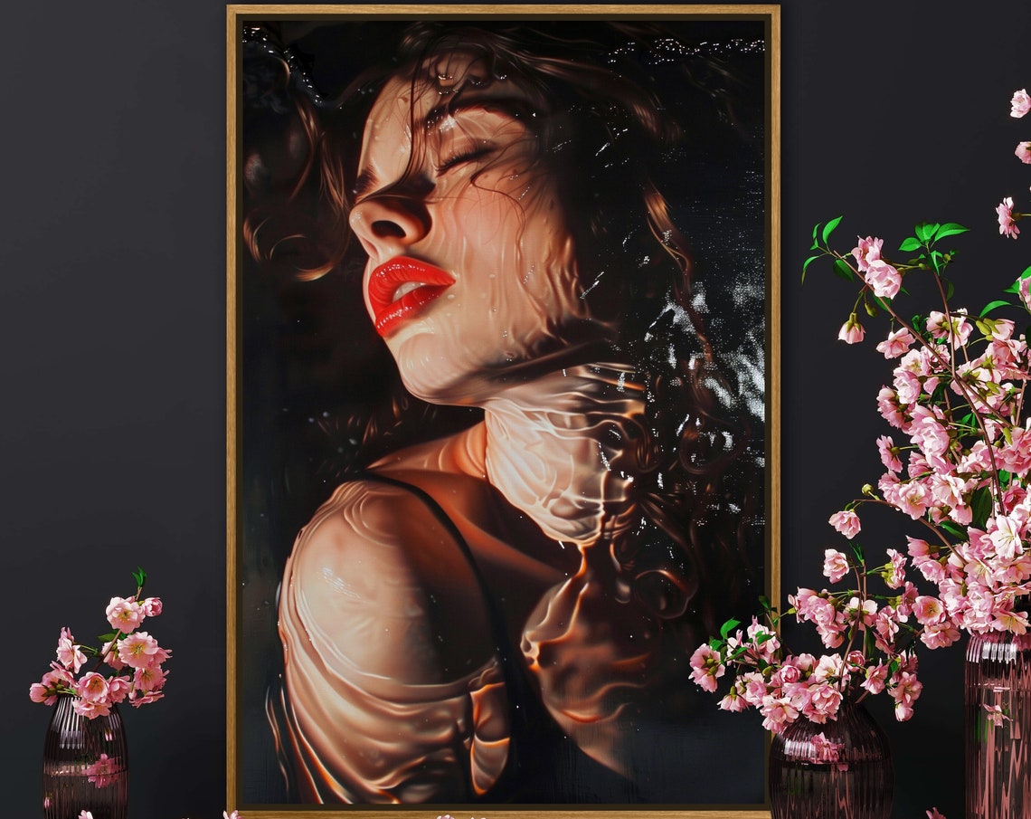 Sensual Female Portrait Water Effect Red Lips Hyperreal Art Poster