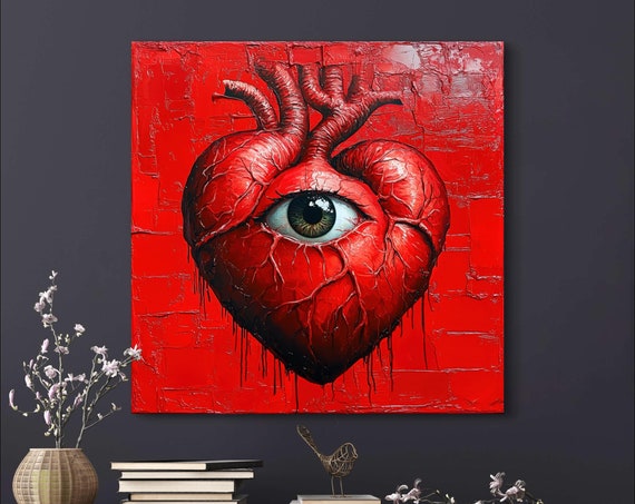 Surreal Anatomical Heart With Eye Bold Abstract Square Painting Print For Hallway Wall Art Trippy Home Decor And Above Fireplace Art