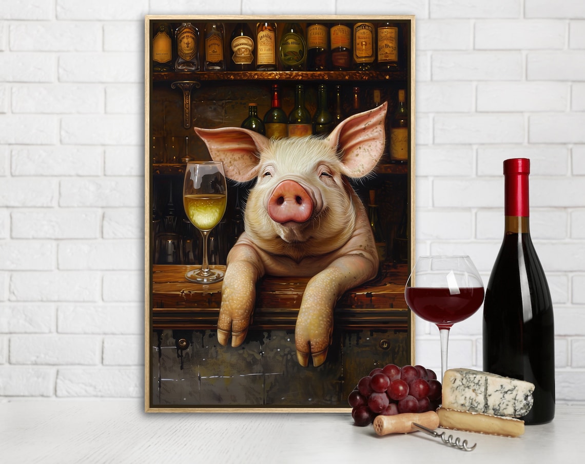 Whimsical Pig Art Print, Wine Bar Decor Piece