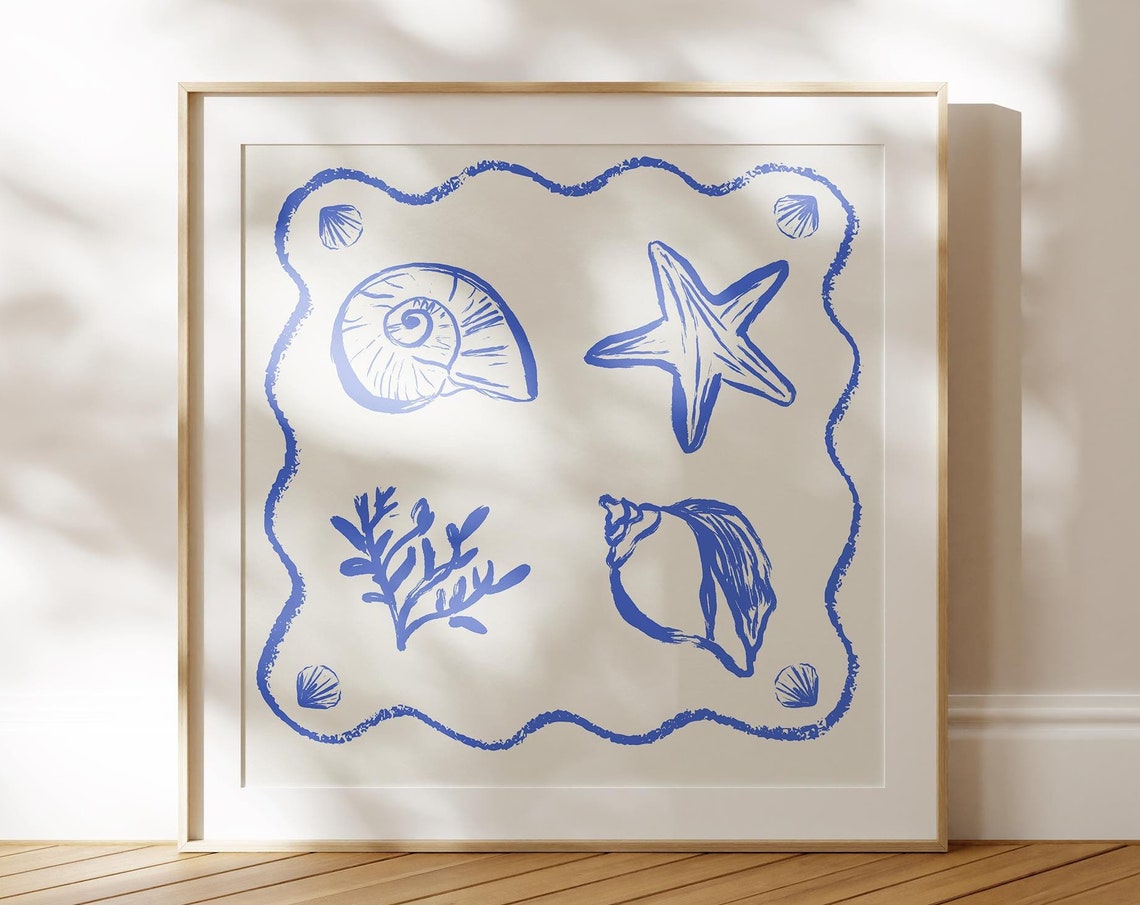Blue Coastal Seashell Starfish Line Art Beach House Decor Poster