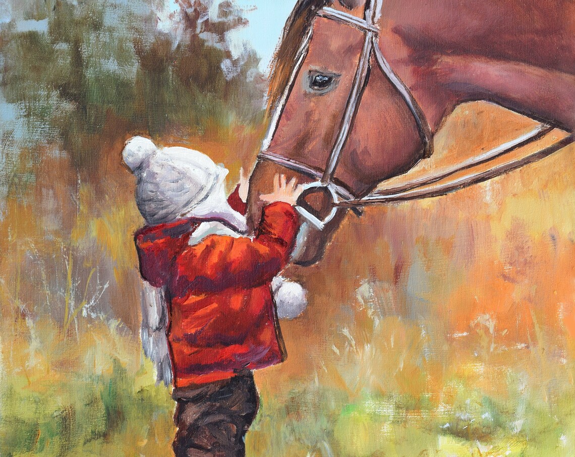 Small Toddler in a Red Coat Petting a Gentle Brown Horse Poster