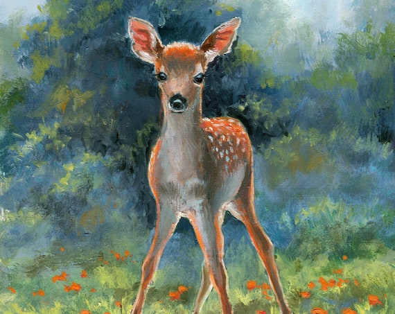 Baby Deer Oil Painting Art Print, Vintage Decor
