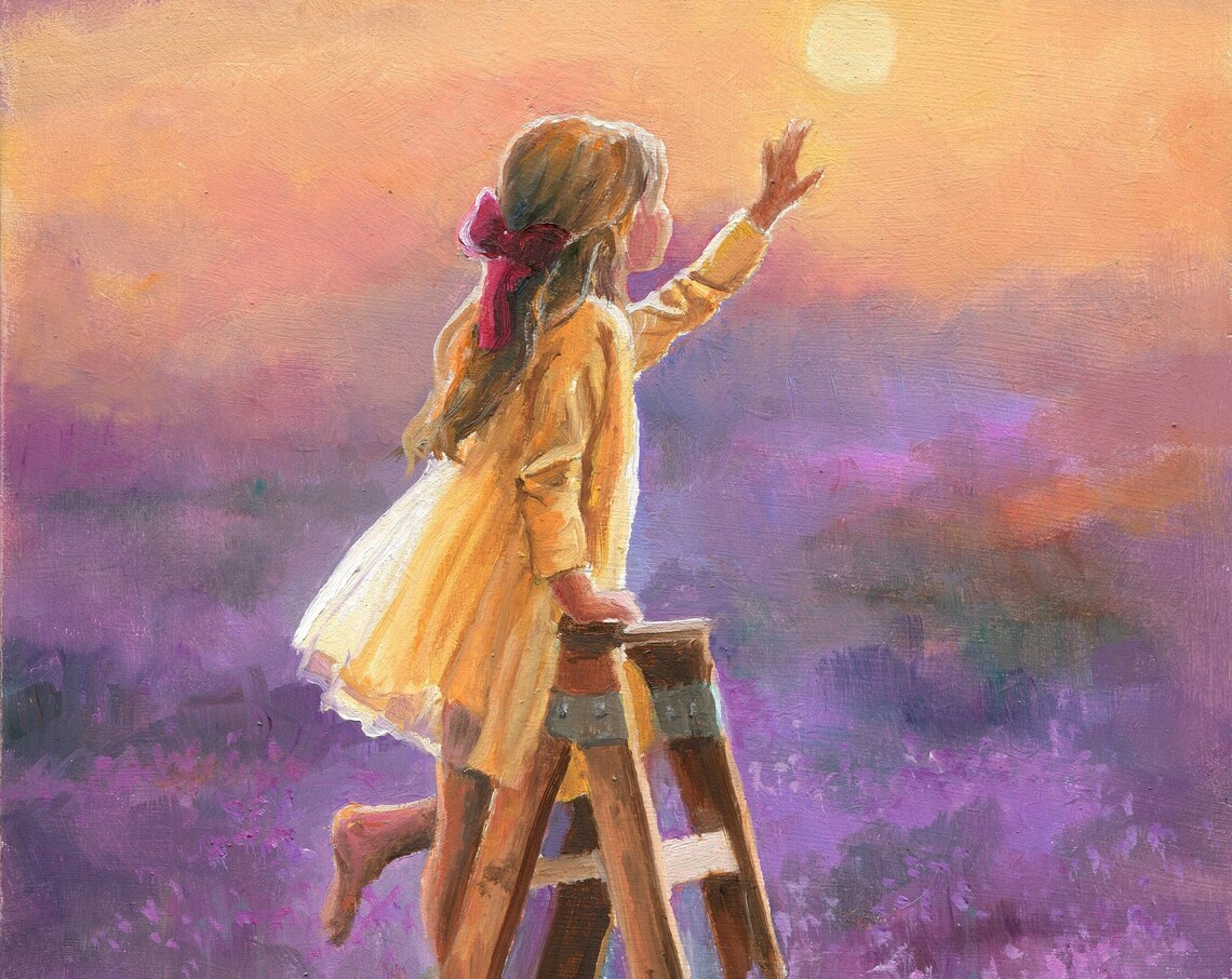 Little Girl and Wildflowers Oil Painting Art Print