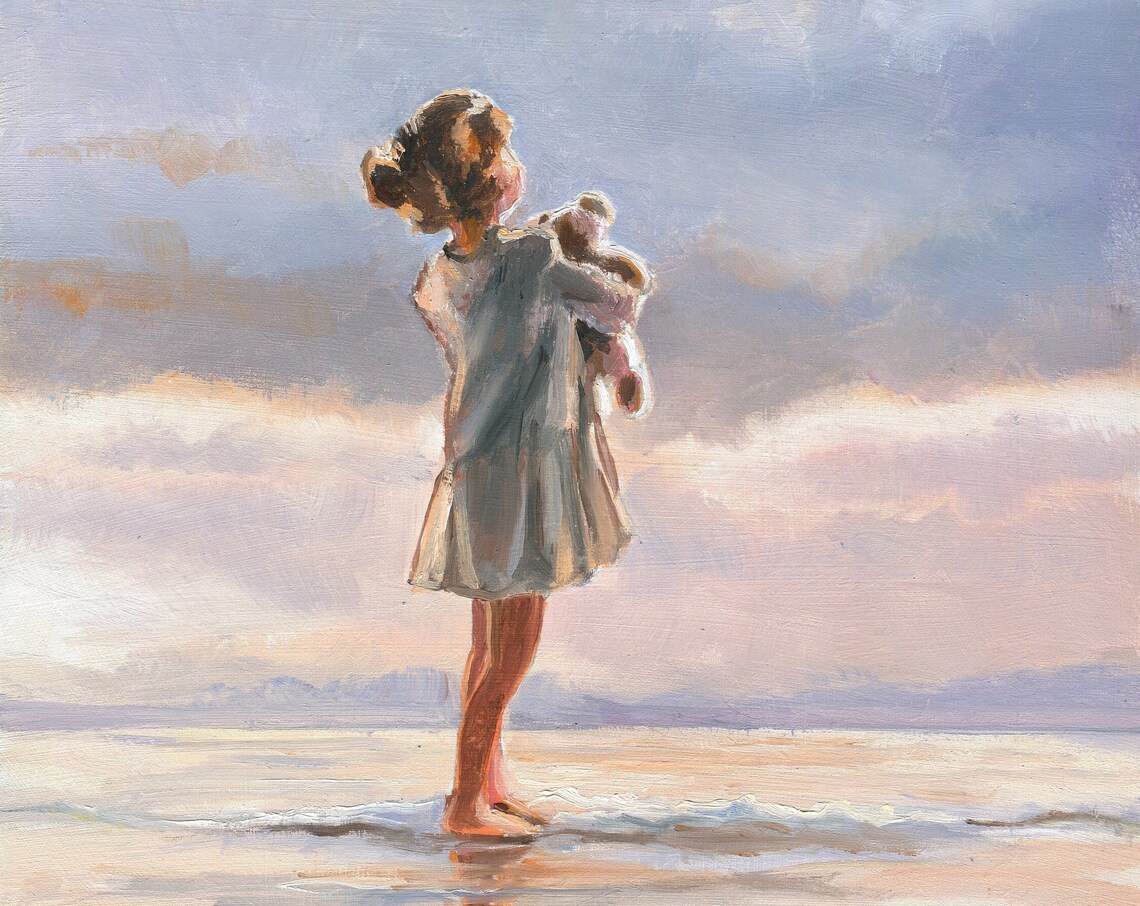Little Girl Seascape, Vintage Oil Painting Print