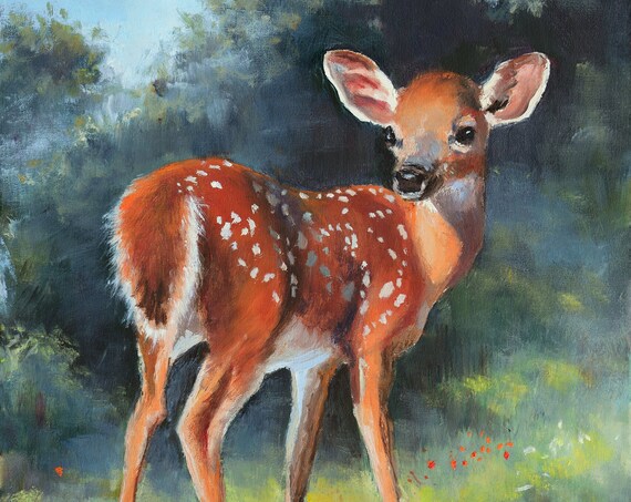 Spotted Baby Fawn Standing Alert in a Peaceful Sunlit Forest Poster