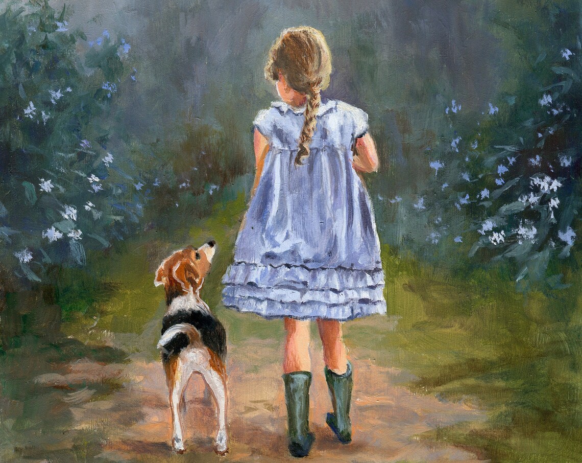 Little Girl Beagle Dog Garden Path Walking Away Oil Painting Poster