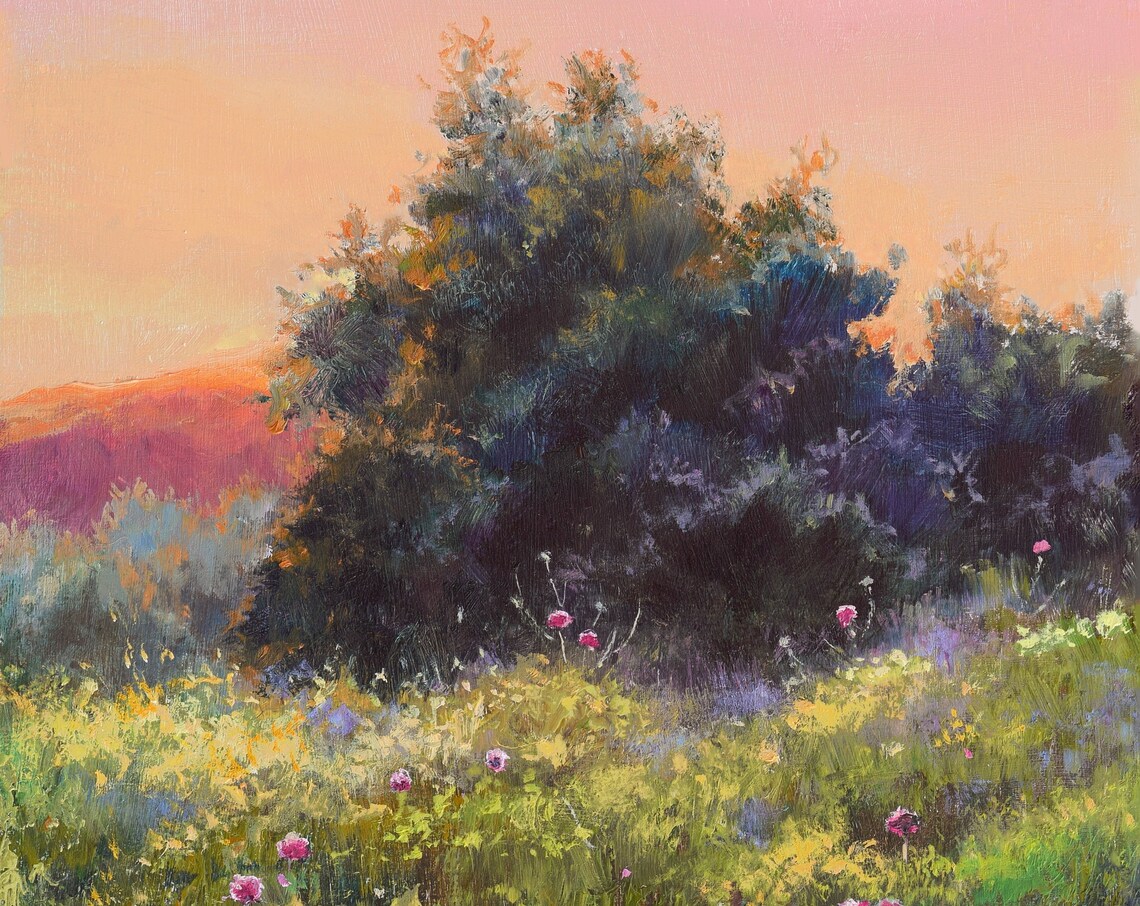 Wildflower Meadow at Sunset beside a Large Leafy Shade Tree Poster